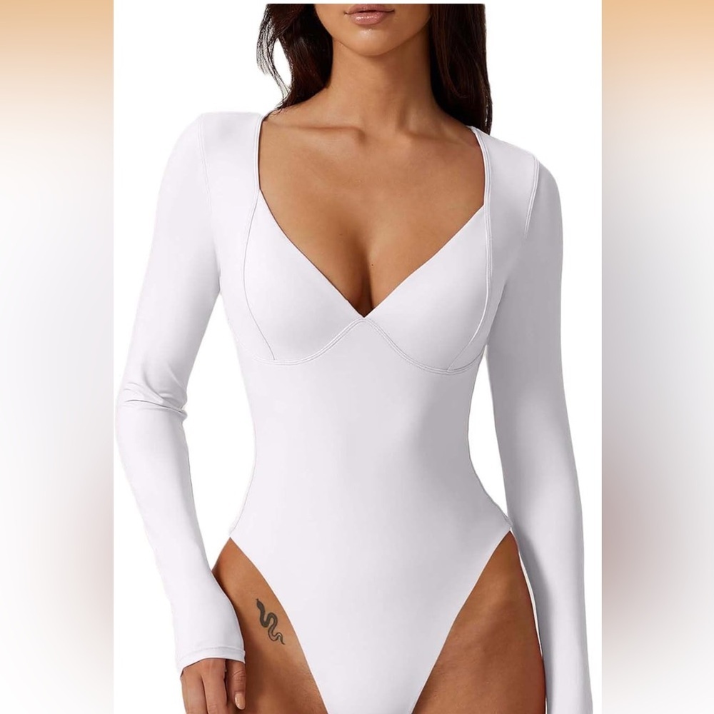WomenLong Sleeve Bodysuit V Neck Body Suits Seamed Cup Going Out Tops Shirt L